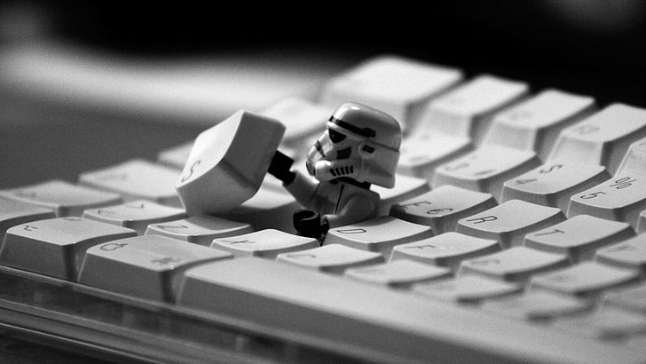 Star Wars Stormtrooper toy, LEGO, Star Wars, stormtrooper, humor, white, keyboards, LEGO Star Wars, toys, monochrome, HD wallpaper