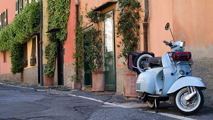 скутер, моторно превозно средство, мотоциклет, класика, Италия, улица, Vespa, HD тапет