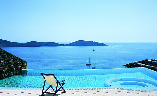 kursi santai hitam dan kuning, laut, suasana hati, tinggal, pemandangan, yacht, kolam renang, bersantai, Wallpaper HD HD wallpaper