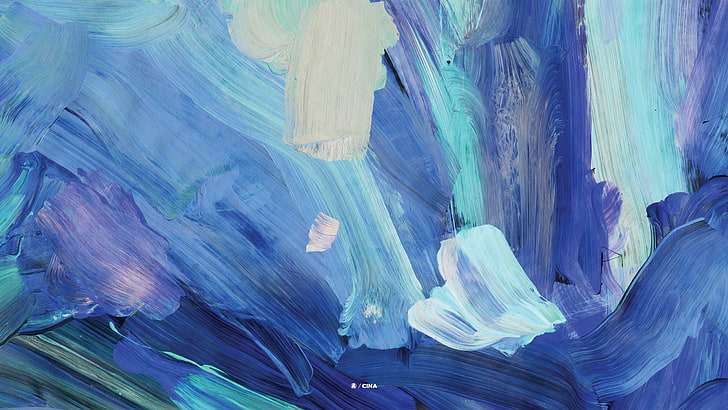 lukisan abstrak biru, putih, dan teal, lukisan abstrak biru dan putih, Michael Cina, Ghostly International, lukisan, karya seni, biru, cyan, putih, Wallpaper HD