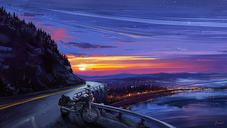 Aenami, digitale Kunst, Sonnenuntergang, Motorrad, HD-Hintergrundbild