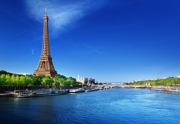 Eiffel Tower, the sky, water, bridge, river, blue, France, Paris, Hay, Eiffel tower, trams, La tour Eiffel, His, HD wallpaper
