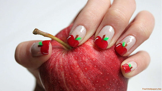 mãos-unhas-dedo-manicure-fruta-maçã-desgin-arte, HD papel de parede HD wallpaper