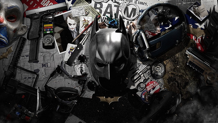 バットマンマスク、メッセンジャーマット、バットマン、マスク、ジョーカー、カード、手錠、銃、ナイフ、ベイン、 HDデスクトップの壁紙