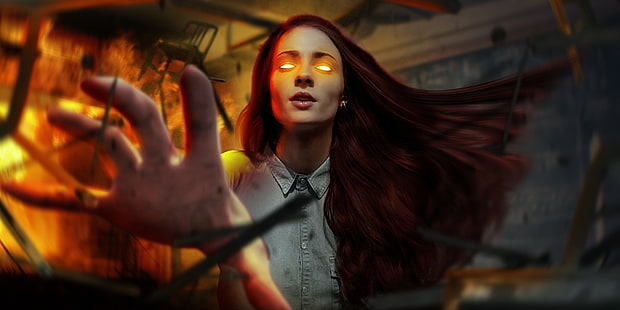 X-Men Dark Phoenix (2018), cartaz, vermelho, frumusete, luminos, filme, laranja, histórias em quadrinhos, Sophie Turner, fogo, fantasia, Phoenix escura, atriz, mão, HD papel de parede HD wallpaper
