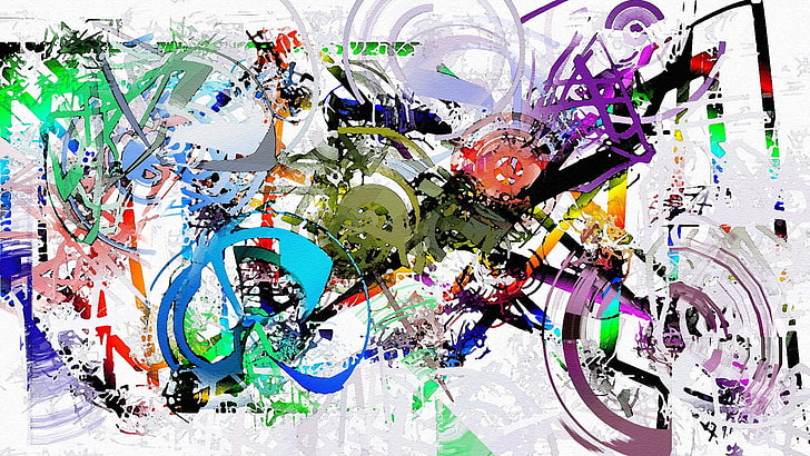 målning, konstverk, abstrakt, färgstänk, färgrik, motorcykel, cirkel, linjer, vit bakgrund, HD tapet