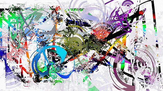målning, konstverk, abstrakt, färgstänk, färgrik, motorcykel, cirkel, linjer, vit bakgrund, HD tapet HD wallpaper