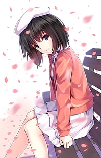 pôster de personagem de anime de cabelo preto, Kato Megumi, Saenai Heroine no Sodatekata, cabelo curto, chapéu, pétalas de flores, garotas de anime, anime, HD papel de parede HD wallpaper