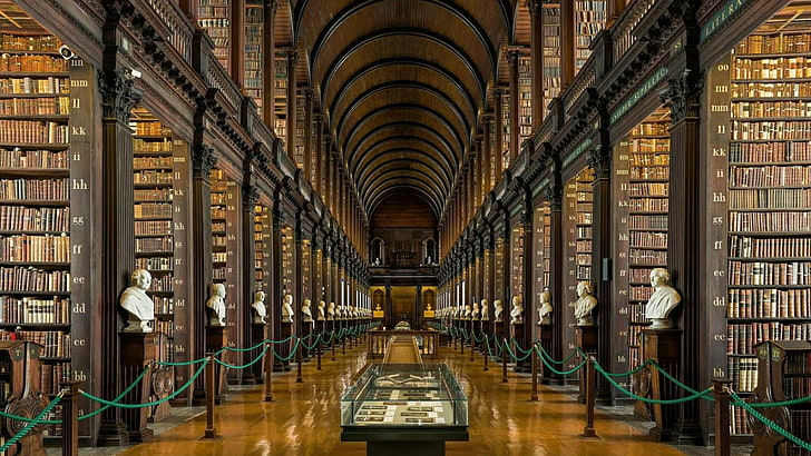 library, public library, building, books, institution, arcade, book, symmetry, aisle, corridor, dublin, united kingdom, trinity college library, long room, HD wallpaper