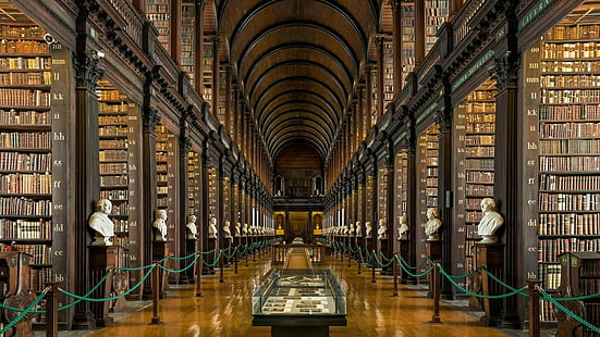 biblioteka, biblioteka publiczna, budynek, książki, instytucja, pasaż, książka, symetria, przejście, korytarz, dublin, wielka brytania, biblioteka Trinity College, długi pokój, Tapety HD HD wallpaper