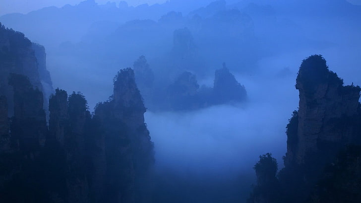 cliff, landscape, mist, HD wallpaper