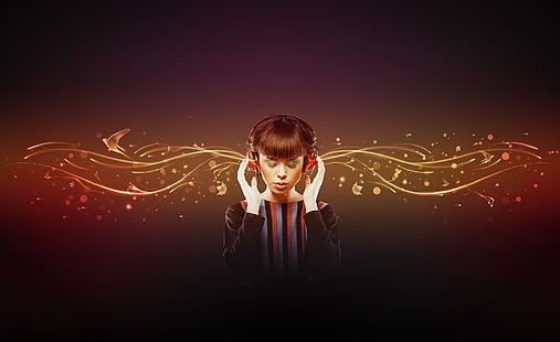 Música, auriculares inalámbricos negros y rojos, Música, Chica, ondas sonoras, Fondo de pantalla HD HD wallpaper