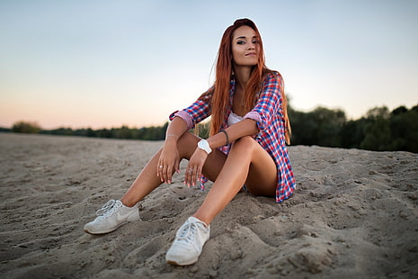 the sky, trees, pose, model, shorts, portrait, the evening, makeup, hairstyle, shirt, legs, beauty, sitting, redhead, on the sand, sneakers, Elena, bokeh, Dmitry Sn, HD wallpaper HD wallpaper