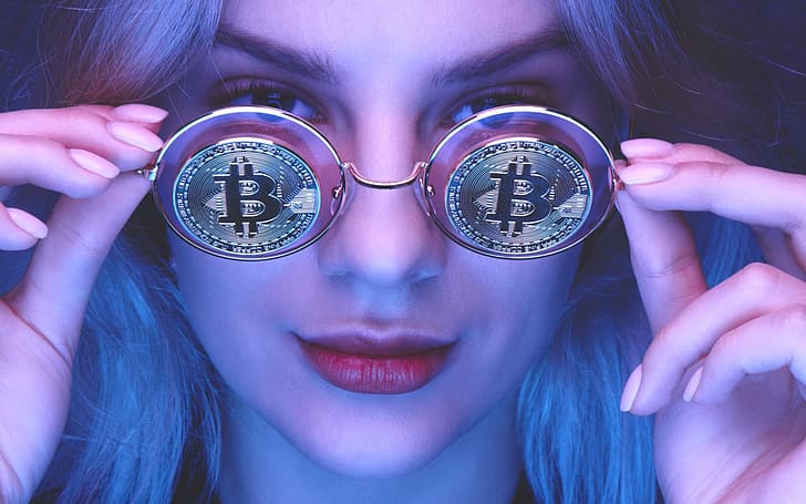 dziewczyna, okulary, moneta, bitcoin, Tapety HD