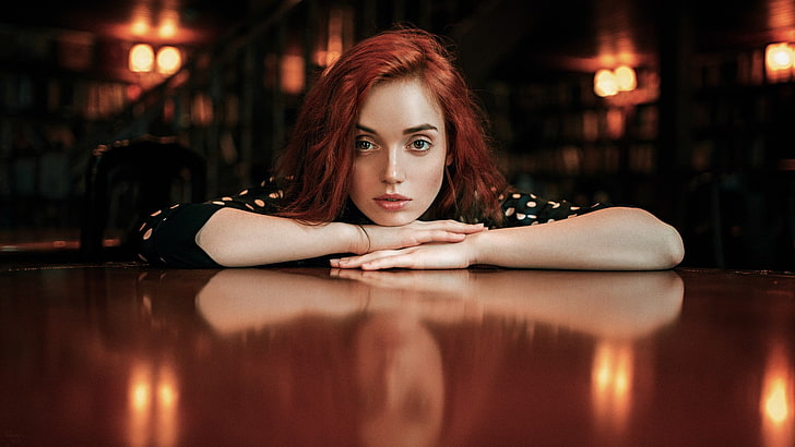 النساء ، أحمر الشعر ، الوجه ، الطاولة ، العيون البنية ، صورة ، جورجي تشيرنادييف، خلفية HD