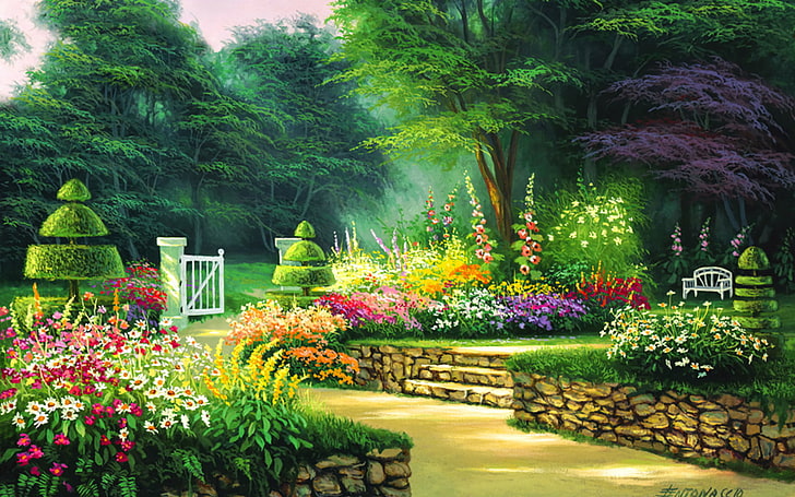 芸術的、絵画、ベンチ、花、庭、春、木、 HDデスクトップの壁紙