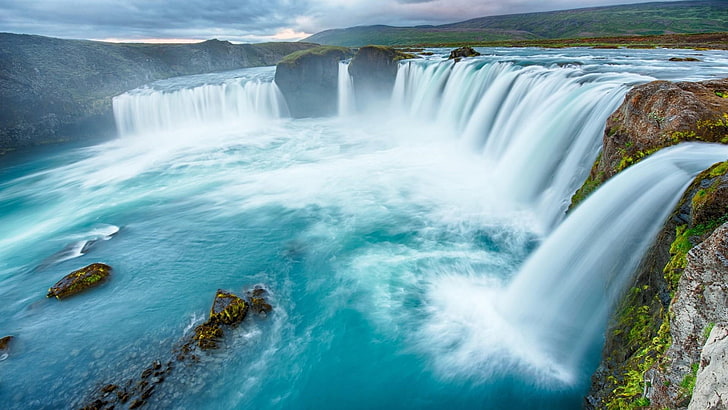 водопад, природа, вода, водоем, godafoss, туристическа атракция, река, Исландия, небе, бърз, пейзаж, HD тапет
