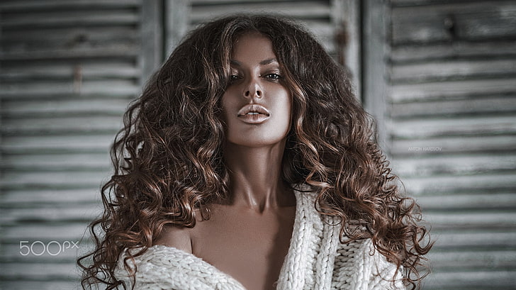 Anton Harisov, wanita, model, berambut cokelat, rambut panjang, 500px, rambut keriting, potret, Wallpaper HD