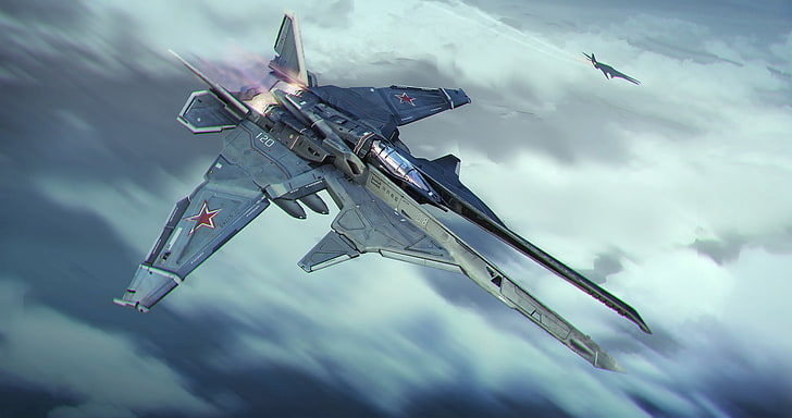 иллюстрация серого воздушного истребителя, реактивный истребитель, небо, самолеты, русский, HD обои