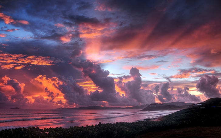Seaside sunset sky clouds, sunrise painting, Seaside, Sunset, Sky, Clouds, HD wallpaper