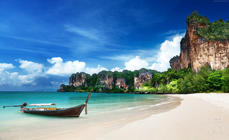 лодка, лучшие места для дайвинга в мире, лучшие пляжи в мире, пляж Краби, туризм, 4k, небо, отдых, HD, путешествия, курорт, песок, Таиланд, HD обои