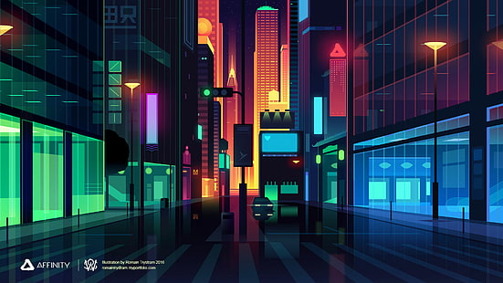 City Lights, Cityscape, красочные, цифровое искусство, Romain Trystam, улица, уличный фонарь, HD обои HD wallpaper