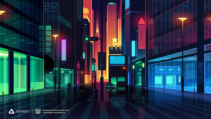 ilustrasi vektor kota, foto poster Affinity, seni digital, lanskap kota, lampu kota, warna-warni, jalan, lampu jalan, Wallpaper HD