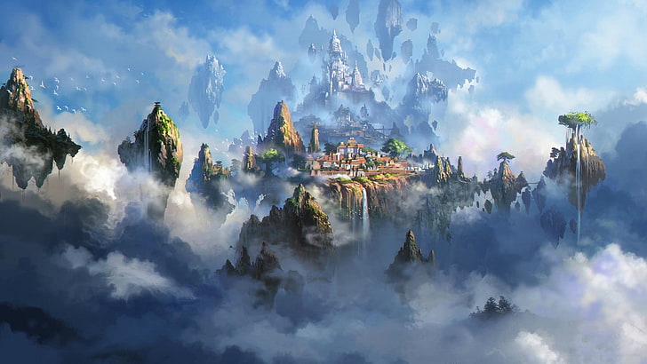 плавающая деревня цифровые обои, фэнтези арт, облака, HD обои