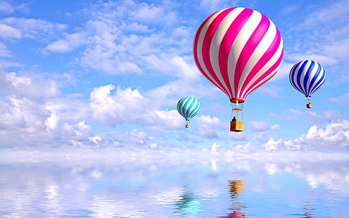 три балона с горещ въздух, въздушни балони, летящи, небе, райета, HD тапет HD wallpaper