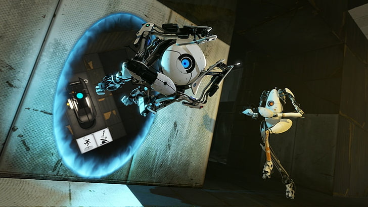 графичен тапет с бял робот, видео игри, произведения на изкуството, Portal (игра), Portal 2, Valve Corporation, GLaDOS, Companion Cube, HD тапет