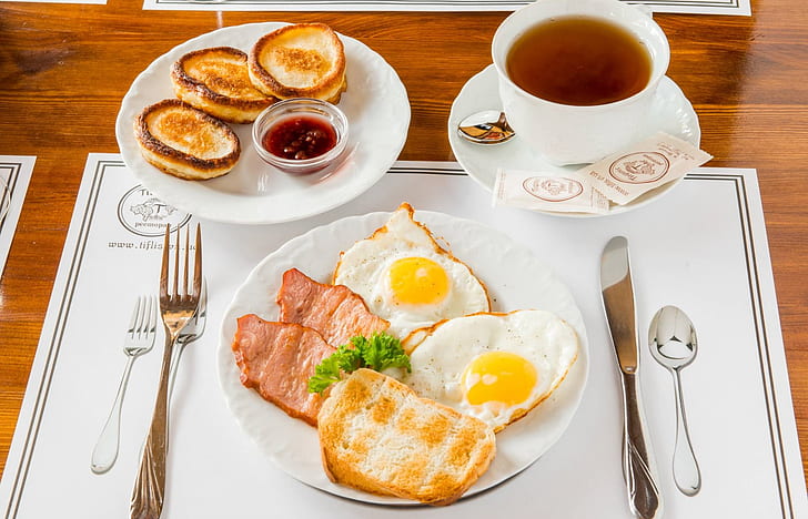 Tee, Frühstück, Rührei, Marmelade, Speck, Pfannkuchen, HD-Hintergrundbild