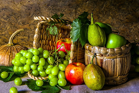 manzanas, frutas, uvas, comida, bodegones, Fondo de pantalla HD HD wallpaper