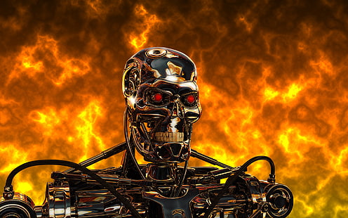 ilustracja terminatora, metal, ogień, stal, robot, cyborg, Terminator, t-800, Tapety HD HD wallpaper