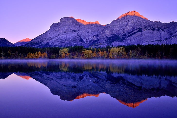 forest, reflection, Sunrise, Mountains, Morning, Lake, Canadian Rockies, Kananaskis Country, HD wallpaper