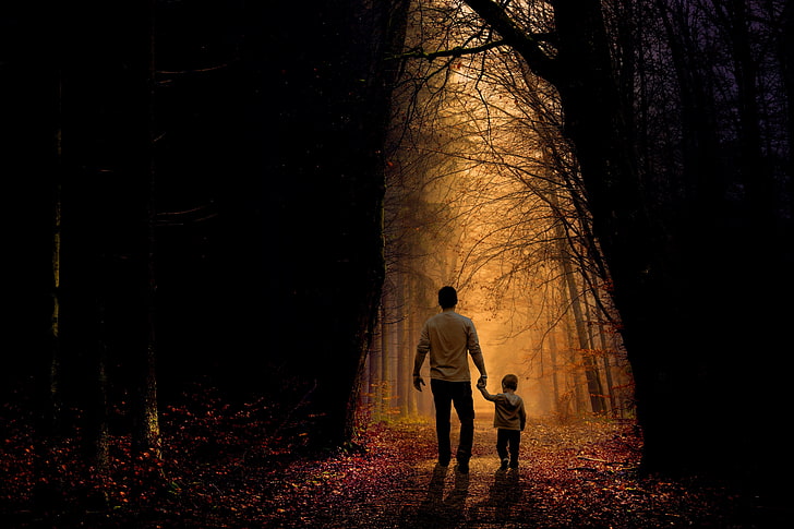 men's white long-sleeved shirt, father, son, family, child, forest, HD wallpaper