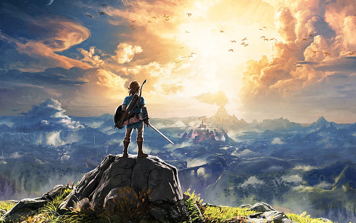 Легенда о Zelda: дыхание дикой природы, звено, пейзаж, небо, живописные, игры, HD обои