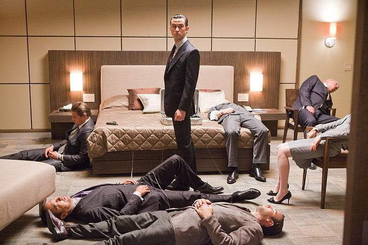 mężczyźni leżący na podłodze obok łóżka, Incepcja, Joseph Gordon-Levitt, Christopher Nolan, filmy, Tapety HD