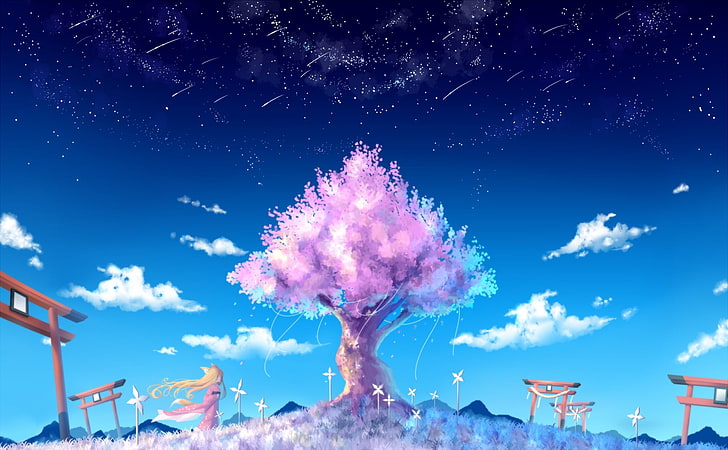 målning av rosa körsbärsblomsträd, stjärnor, träd, himmel, HD tapet