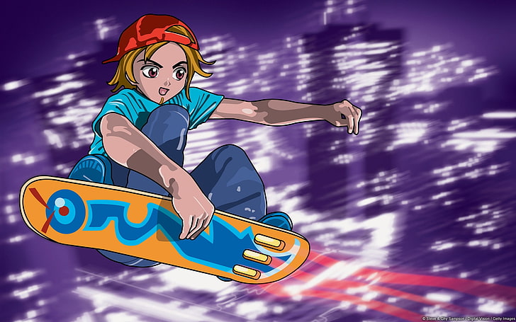 Тема за тапети Soar-Windows, илюстрация на героя със скейтборд момче с жълто коси, HD тапет