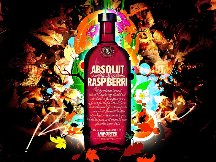 Absolut Raspberri bottle illustration, Absolut, vodka, advertisements, bottles, leaves, HD wallpaper
