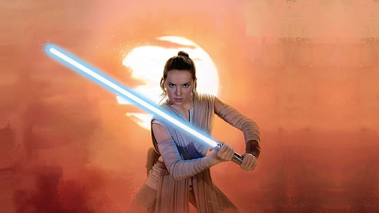 Ilustrasi karakter Star Wars, Star Wars, lightsaber, Jedi, Daisy Ridley, Rey (dari Star Wars), Wallpaper HD HD wallpaper