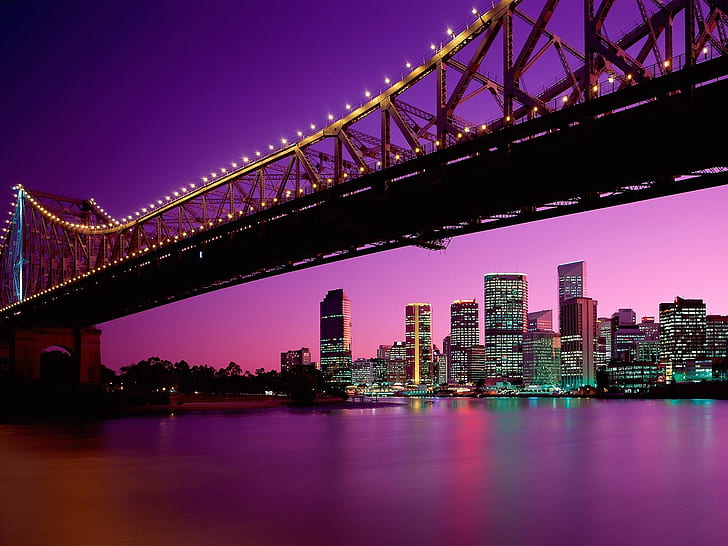 пейзаж, город, Брисбен, фиолетовое небо, городской пейзаж, мост, огни города, HD обои