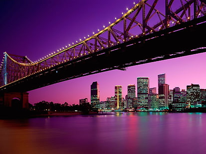 manzara, şehir, Brisbane, mor gökyüzü, cityscape, köprü, şehir ışıkları, HD masaüstü duvar kağıdı HD wallpaper