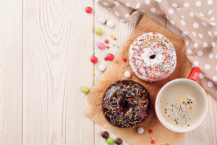 coffee, food, donuts, cakes, glaze, HD wallpaper