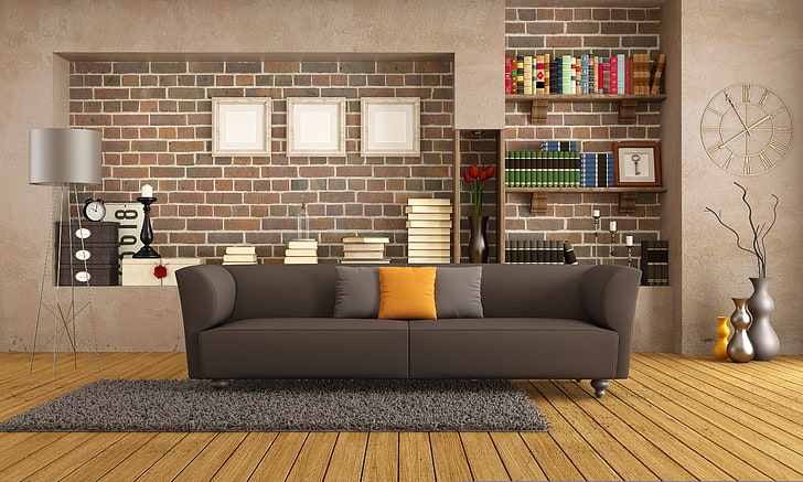 серый 2-местный диван, диван, интерьер, подушка, библиотека, винтаж, гостинная, модерн, декор, диван, подушки, стильный дизайн, HD обои