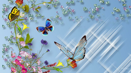 Borboletas de flores silvestres, primavera, persona do firefox, brilhos, dispersão, cor, verão, borboletas, flores silvestres, 3d e abstrato, HD papel de parede HD wallpaper