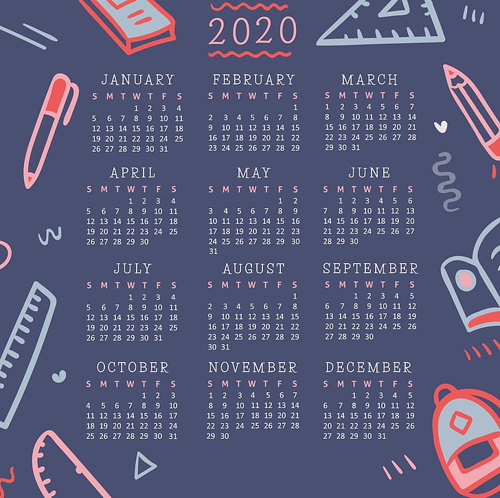 달력, 2020 년 (연도), 숫자, 월, 간단한 배경, 펜, HD 배경 화면