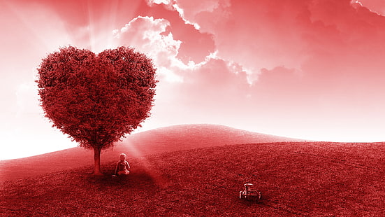 Red Love Heart Tree 4K, червено, Любов, Сърце, дърво, HD тапет HD wallpaper