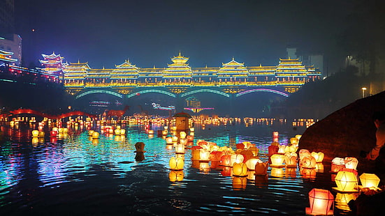 Китай, фенери, Гуангси, фестивалът в средата на есента, HD тапет HD wallpaper