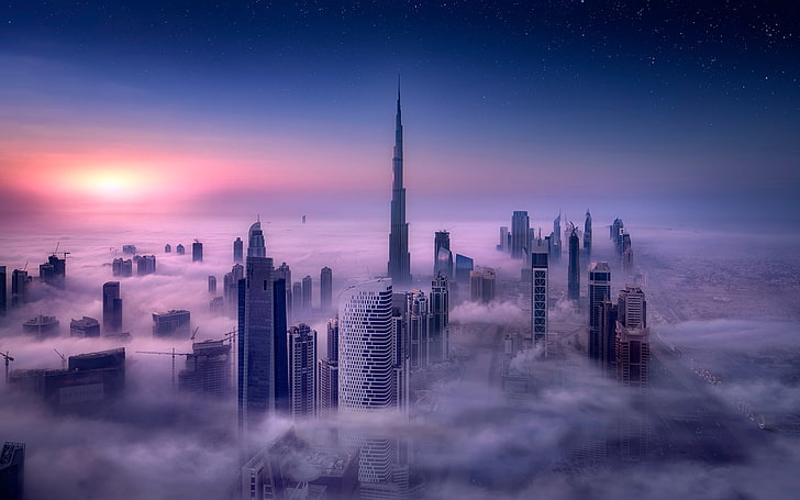 здание, Бурдж-Халифа, город, Городской пейзаж, облака, Дубай, Длинная выдержка, туман, небо, Небоскреб, восход, башня, HD обои